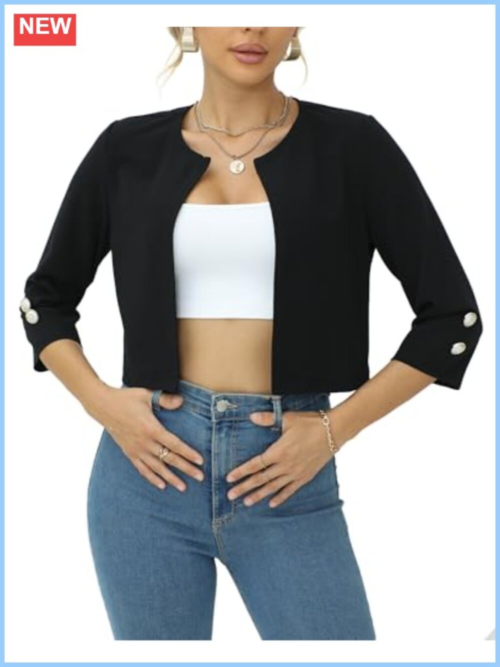 3/4 Sleeve Open Front Knit Shrug Cardigan Lightweight Fitted